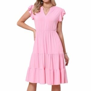 Women's Pink Tiered V-Neck Dress